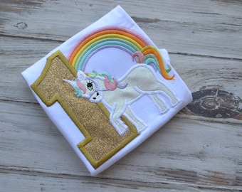 Unicorn First Birthday Shirt, Appliqued Bodysuit, Girls Birthday, Gold One