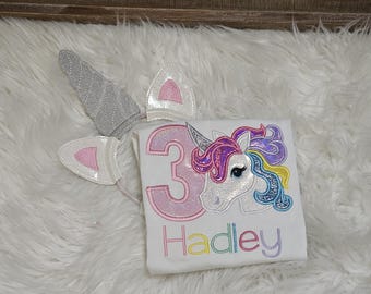 Unicorn Birthday Shirt, Appliqued Shirt,  Girls birthday tee, smash cake outfit, Girls Shirt, Unicorn Shirt