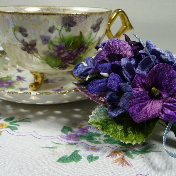 Vintage Tea Cup & Saucer Gift Set Footed Lefton Lusterware with Matching Hankie and Purple Velvet Violets Posie Pin