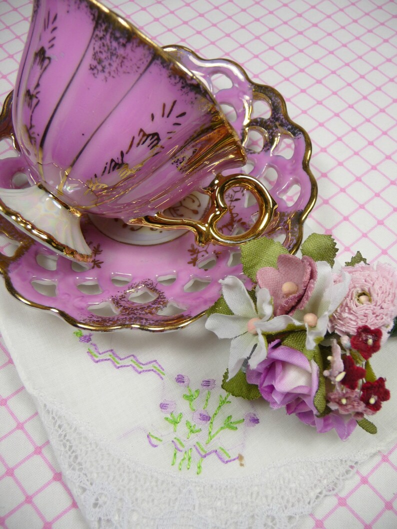 Pink Demitasse Tea Cup Gift Set Lusterware with Hankie and Etsy