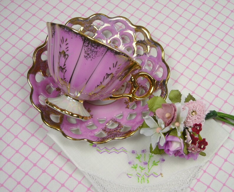 Pink Demitasse Tea Cup Gift Set Lusterware with Hankie and Etsy