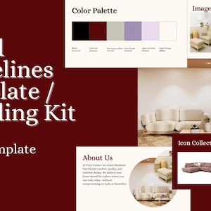 May include: A digital marketing template with a burgundy background. The template includes sections for brand guidelines, color palettes, and image examples. The text includes "Brand Guidelines Template / Branding Kit" and "Canva Template."