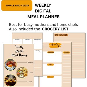 May include: A digital weekly meal planner with a grocery list. The planner has sections for breakfast, lunch, and dinner, with space for ingredients. The design is simple and clear, with a beige and orange colour scheme.