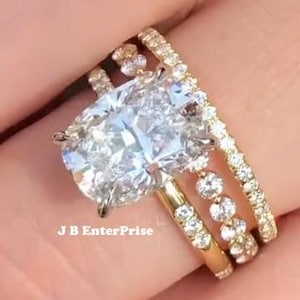 Cushion Cut Moissanite Engagement Ring Set: Solid Gold Bridal Ring with Round Diamond Band