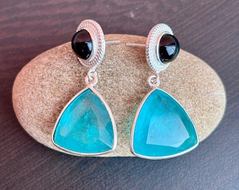 Paraiba Tourmaline & Black Onyx Earrings: Sterling Silver Dangle, Healing Crystal