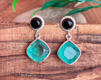 Paraiba Tourmaline & Black Onyx Dangle Earrings: Sterling Silver Boho Jewelry