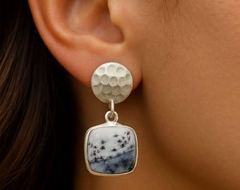 Dendritic Opal Sterling Silver Earrings: Hammered Boho Dangle