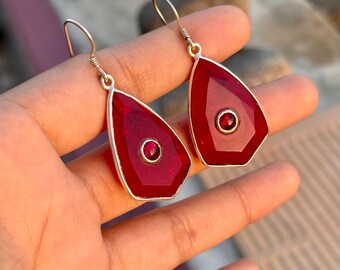 Ruby Dangle Earrings: Handmade Sterling Silver Red Gemstone Jewelry