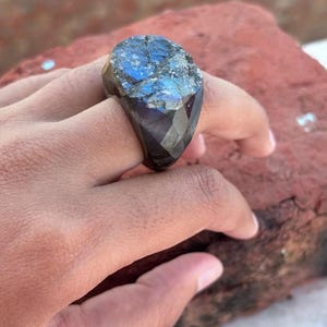 Handmade Labradorite Ring – Sterling Silver or Gold Filled – Iridescent Stone Ring – Bohemian Jewelry , Labradorite Statement Ring .