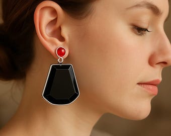 Black Onyx & Ruby Dangle Earrings: 925 Sterling Silver, Handmade