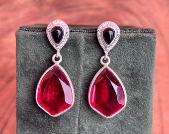 Ruby & Black Onyx Sterling Silver Dangle Earrings: Elegant Teardrop Jewelry