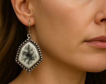 Dendrite Opal Sterling Silver Dangle Earrings: Oxidized Boho Jewelry
