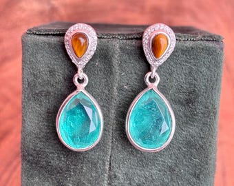 Paraiba Tourmaline & Tiger Eye Sterling Silver Earrings - Handmade