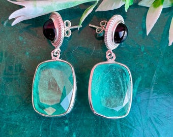 Paraiba Tourmaline & Black Onyx Dangle Earrings: Handmade Sterling Silver