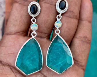 Paraiba Tourmaline with opal & Black onyx Earrings : 925 Sterling Silver Jewelry