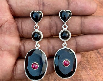 Black Onyx & Ruby 925 Sterling Silver Earring .