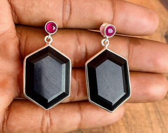 Handmade Black Onyx & Ruby Sterling Silver Geometric Dangle Earrings