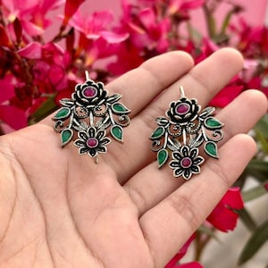 ruby emerald silver earring | handmade gemstone drop | red and green stone earring| ruby emerald jewelry |  ruby emerald earring