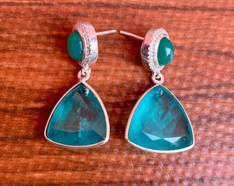 Paraiba Tourmaline & Black Onyx Earrings: Handmade Sterling Silver Gemstone Jewelry