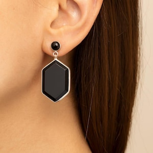Black Onyx Sterling Silver Earrings | Geometric Dangle Earrings | Handmade Gemstone Jewelry | Minimalist Statement Earrings&quot; ...............