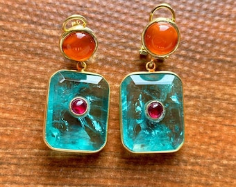 Paraiba Tourmaline Dangle Earrings with Ruby & Orange Sapphire - Gold Plated Silver