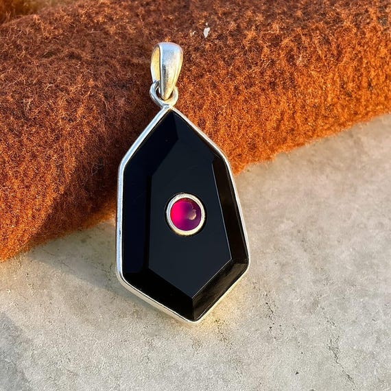 Sterling Silver Black Onyx Pendant with Ruby Accent - Handmade