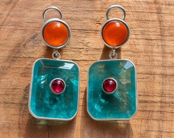 Paraiba Tourmaline & orange sapphire Earrings : Ruby accent, 925 Sterling silver Jewelry .