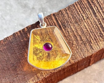 Yellow Sapphire Pendant: Ruby Center, Sterling Silver Boho Necklace
