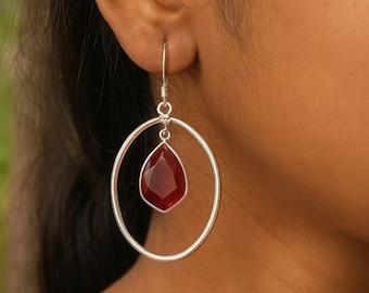 Handmade Ruby Hoop Earrings: Sterling Silver Boho Gemstone Jewelry