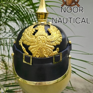 German Pickelhaube Helmet Replica – Prussian Military Spiked Helmet | Handmade Brass & Leather Display Piece