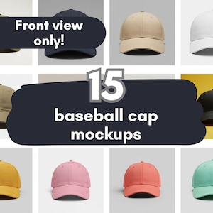 15 Baseball Cap Mockups – Front View Only – 15 Solid Colors – JPG Files – Instant Download ZIP – Digital Hat Mockup Bundle for Designers