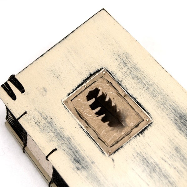 unique handmade journal wood book - black bird feather