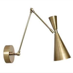 Modern Brass Swing Arm Wall Sconce Dual Light Adjustable Wall Lamp Mid Century Inspired Lighting Handmade Bedside or Living Room Fixture