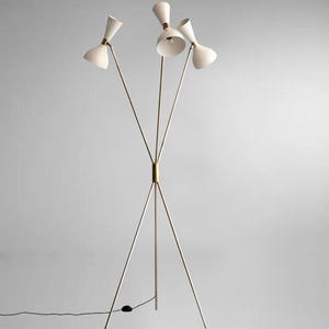 Mid-Century Modern Tripod Floor Lamp 3-Light Brass Cone Shade Standing Lamp Brass Stilnovo Design with White Diabolo Shades & Italian
