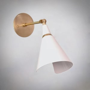 Mid Century Modern White and Brass Wall Sconce Cone Wall Lamp Fixture Handmade Minimalist Bedside Lighting Retro Modern Wall Light