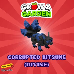 Puede incluir: Ilustración digital de una criatura pixelada con forma de zorro, azul y negro, con múltiples colas. El texto "CORRUPTED KITSUNE (DIVINE)" y "GROW A GARDEN" se muestra sobre un fondo rojo. También incluye un botón "COMPRAR AHORA".