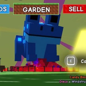 May include: A vibrant, pixelated blue frog-like creature dominates the scene, with the word "GARDEN" above it. The image features a colorful, cartoonish style with the words "SEEDS" and "SELL" displayed.
