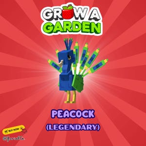 May include: A digital illustration of a blue peacock with a green tail, yellow legs, and a blue crest. The image includes the text "GROW A GARDEN" and "PEACOCK (LEGENDARY)" on a red background with radial lines.