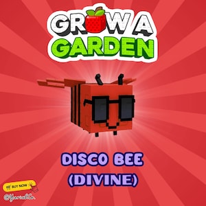 May include: A vibrant graphic featuring a pixelated orange bee wearing sunglasses, labeled "DISCO BEE (DIVINE)". The image includes the text "GROW A GARDEN" at the top, set against a red radial background. A "BUY NOW" button is in the lower left corner.