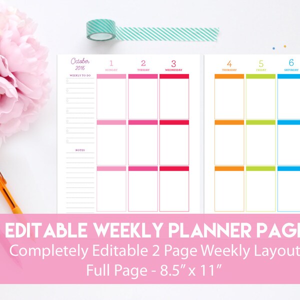 Weekly Planner Page Editable | Printable Weekly Planner | Editable Weekly Planner