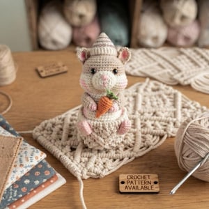 May include: A crocheted hamster toy wearing a striped hat and holding a small orange carrot. The hamster sits inside a cream-coloured macrame pouch. A wooden sign with the text "CROCHET PATTERN AVAILABLE" is placed on the wooden surface nearby.