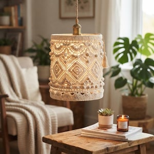 May include: A cylindrical pendant light fixture featuring an off-white crocheted lampshade with intricate geometric patterns, textured bobble details, and a small tassel on the side, suspended from a brass-colored metal socket and cord.