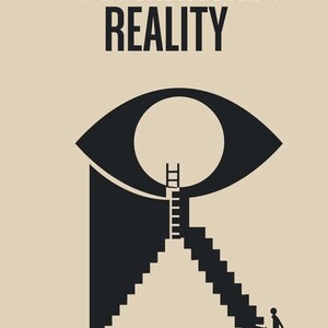 Może przedstawiać: Okładka książki z tytułem "Outsmarting Reality" pogrubionymi czarnymi literami. Okładka przedstawia czarną grafikę oka z drabiną prowadzącą do źrenicy i osobą wchodzącą po schodach. Nazwisko autora, Nero Knowledge, znajduje się na dole.