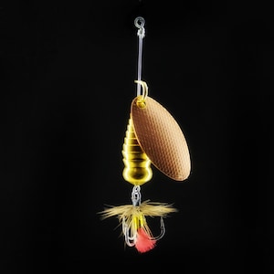 May include: A gold-colored fishing lure with a textured, oval-shaped blade and a series of stacked, cone-shaped segments. The lure has a hook with red and yellow feathers attached, suspended against a black background.