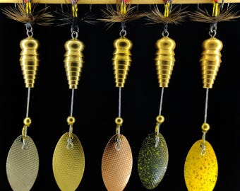 5 roulettes en ligne personnalisées - Leurres de pêche en laiton 100 % faits main - Truite, achigan, perche - Leurres Firuta