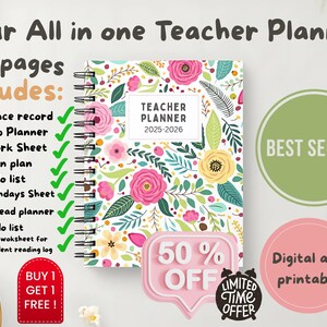 Botanical Teacher Planner 2025-2026: Pastel Classroom Organizer with Lesson Plans, Calendars & Trackers – Instant Download