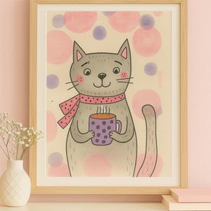 Pink Cat with Cocoa – Whimsical Watercolor Illustration – Cozy Feline Wall Art
