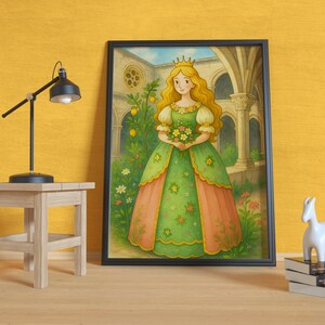 May include: A framed illustration of a princess in a green and peach dress, holding flowers, with a gold crown. The artwork is set in a garden with arched architecture. A black lamp and a white horse figurine are on a wooden table.