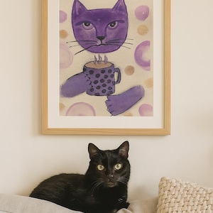 Purple Cocoa Cat – Whimsical Feline Art Print – Playful Coffee Mug Illustration.