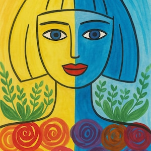 Abstract Woman Portrait Print: Colorful Boho Floral Wall Art (Digital Download)
